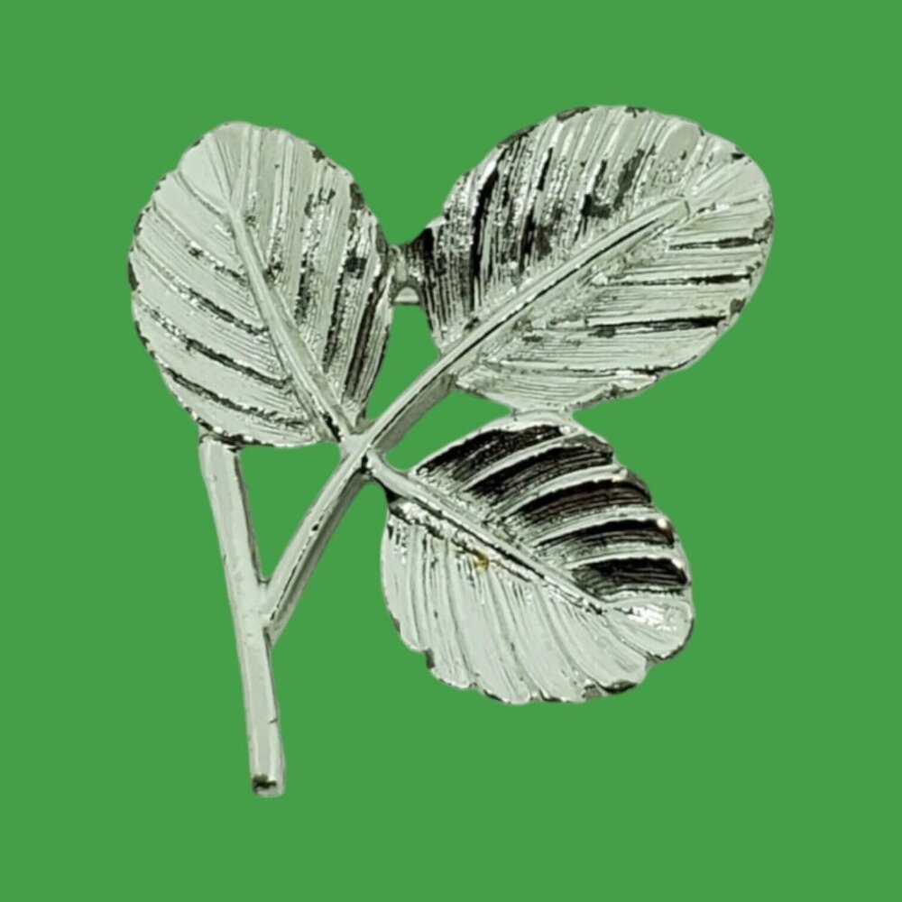 Vintage Sarah Coventry Silver Tone Three Leaf  Stem Brooch Pin 1-1/4" x 1-1/2"